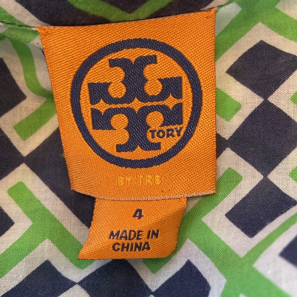 Tory Burch Women’s Button Up Blouse Geometric Navy Green Size 4 - Picture 4 of 7